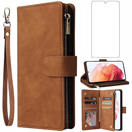 Asuwish Compatible with Samsung Galaxy S21 Glaxay S 21 5G 6.2 inch Wallet Case Tempered Glass Screen Protector and Flip Cover Card Holder Cell Accessories Phone Cases for Gaxaly 21S G5 Women Men Brown