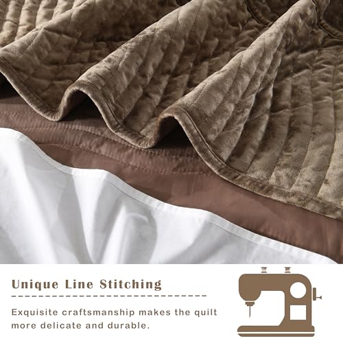 Image of Velvet Super King Size Quilt, Oversized California Comforter Set Mocha Brown Bedding Set (130 inch*118 inch) with 2 Pillow Shams, Luxurious Quilt Set,All-Season 3 Pieces