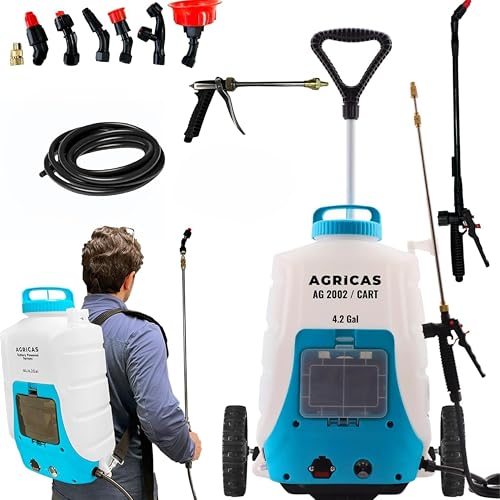 AGRICAS 4.2 Gallon Battery Powered Sprayer with Cart - Professional Sprayer Gun - Wheeled Cart for Lawn & Garden with Adjustable Nozzles and Backpack, Weeding and Cleaning