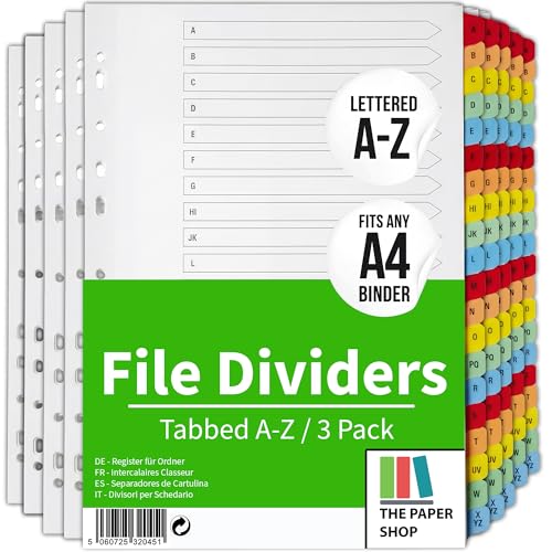 A4 File Dividers A-Z 3 Pack | Alphabetical Subject Dividers for Ring Binders Lever Arch Files & Folders | Reinforced Multi-Punched Coloured Tabs 150gsm for School Office & Home