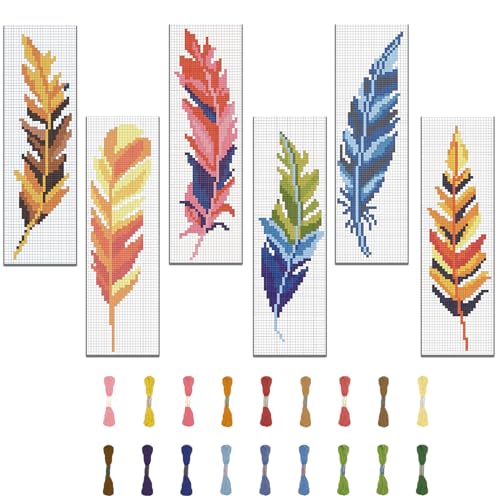 Image of FREEBLOSS 6 Set Bookmark Cross Stitch Kits Stitch Bookmark Cross Stitch Kits with Instructions Feather Pattern Punch Needle Kit for Beginners Bookmark Making Kit for Gift