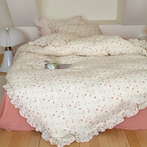 Image of VM VOUGEMARKET Red Flower Duvet Cover Set Twin,Soft Muslin Cotton Cute Rabbit Comforter /Quilt Cover with Romantic Ruffles for Kids Toddler,Comfy, Breathable & Lightweight