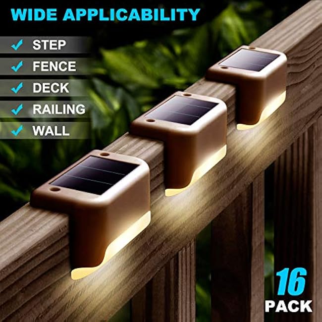 DenicMic 16 Pack Solar Deck Lights Outdoor Waterproof 4000K Warm White LED for Step Fence Patio Yard Stair Balcony Railling Outside Deck Lighting