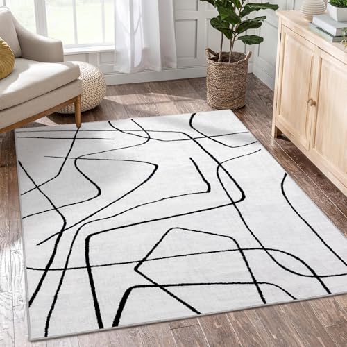 YIHOUSE 5x7 Washable Living Room Rug - Modern Abstract Black
