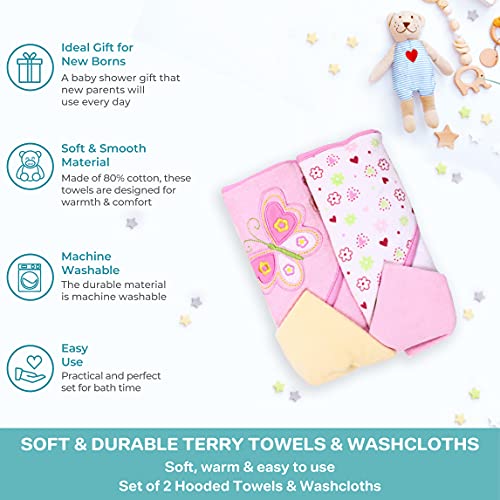 DELA DISCOUNT 5158RHscljS Spasilk Bath Hooded Towels & Washcloths Set for Babies, 2 Hooded Terry Bath Towels & 2 Washcloths, Pink Butterfly  