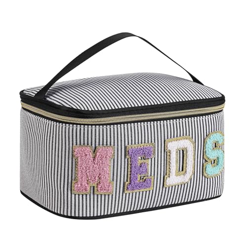 uekeboag Personalized Chenille Letter Seersucker MEDS Makeup Bag,Large Size Medicine RX Cosmetic Bag with Top Handle, First Aid Travel Organizer Bag for Women Girls(04Black)