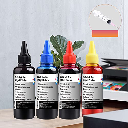 Juncai 4 Color Ink Refill Kit For Hp 950 951 932 933 60 61 952 902 901 62 63 21 22 920 940 934 564 711 970 971 94 95 96 Ink Cartridges, (1 Black 1 Cyan 1 Magenta 1 Yellow) 100Ml X4 Bottle,With Syringe #TOP2