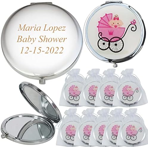 CH Personalize Custom Laser Engraving Baby Shower Compact Mirror Favor / Makeup Mirrors with Organza Favor Bags 12pcs/Pack (Pink)