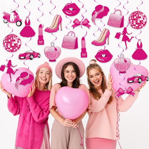 Image of 48Pcs Hot Pink Princess Hanging Swirl Decorations, Princess Party Ceiling Hanging Swirls Hot Pink Hanging Swirls Streamers for Party Decor Supplies