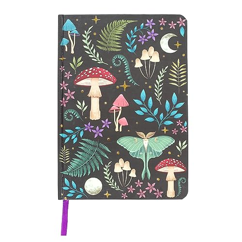 Enchanting - Cuaderno A5, diseño de bosque oscuro con hongos místicos, polilla de luna brillante y plantas mágicas. Bordes de lámina dorada, marcador de cinta, diario y papelería de escritorio