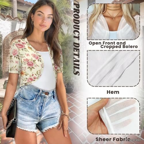 Image of Womens Short Sleeve Cardigans Lightweight Summer Cardigan Trendy Bolero Shrug Cute Floral Cardigan Sheer Bolero