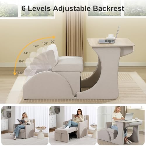 3-in-1 Convertible Sleeper Chair: Recliner, Pull-Out Bed & Desk with Adjustable Seat Back for Small Space, Apartment, Office, Beige