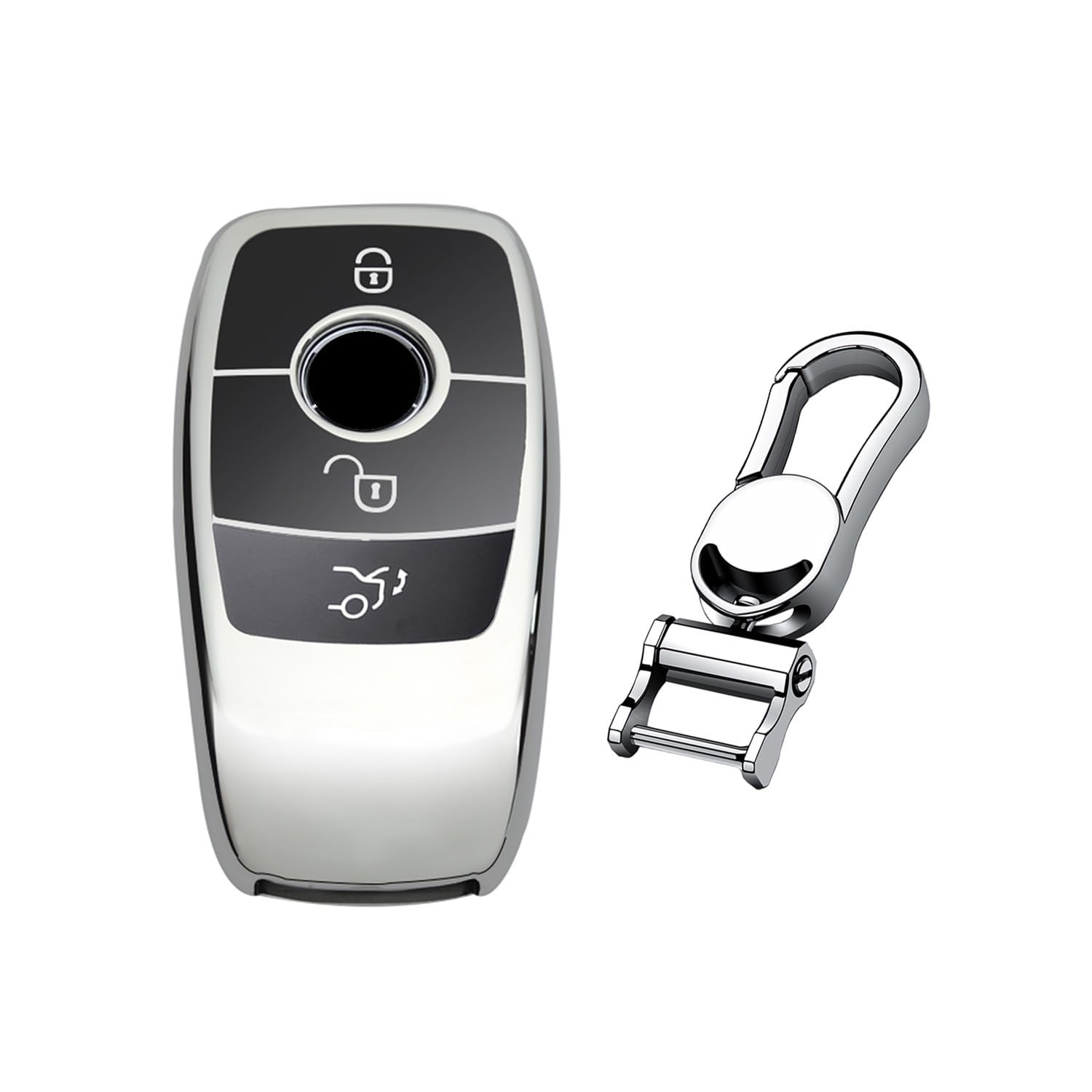 M.JVisun TPU Weich Autoschlüssel Fall für Mercedes-Benz 2019-2022 A Klasse C Klasse G Klasse 2017-2022 E Klasse 2018-2021 S Klasse Silikon Schlüssel Hülle - Glänzend Silber - Metall Schlüsselbund