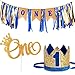 1st Birthday Baby Boy Royal Decorations - Boys Highchair Burlap Decoration Supplies Set, First Blue Prince Crown Hat, ONE Glitter Gold Cake Topper - Double Sided with Crown | Smash Party Decor Kit