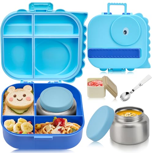 Image of Pawtong Bento Lunch Box with Thermo, 4-Compartment Bento Box with Adjustable Dividers, Leakproof Dinosaur Lunch Box with 14.2OZ Insulated Food Jar & Sauce Jar, for School Office Travel (Blue)