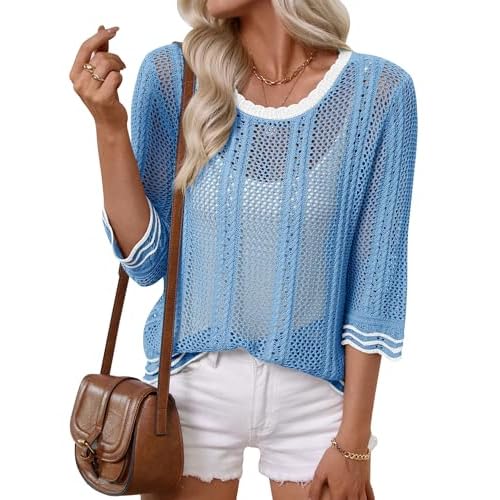 LOMON Womens Summer 3/4 Sleeve Sweater Scoop Neck Casual Crochet Hollow Out Knit Tops Pullover Shirts Blouse Blue Stripe Large