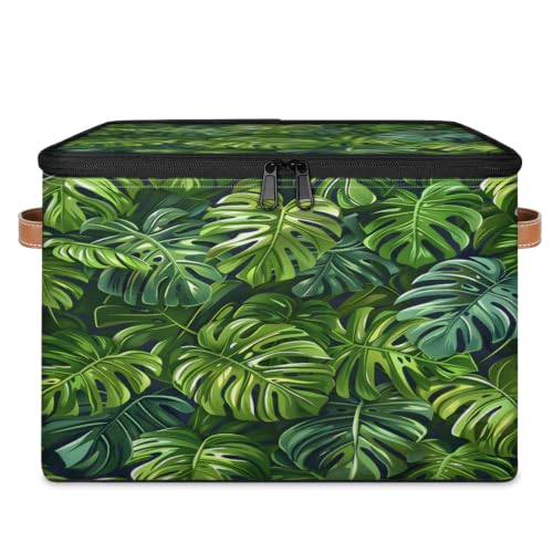 Image of Cmizedevise Tropical Palm Leaf Fabric Storage Bins with Lid