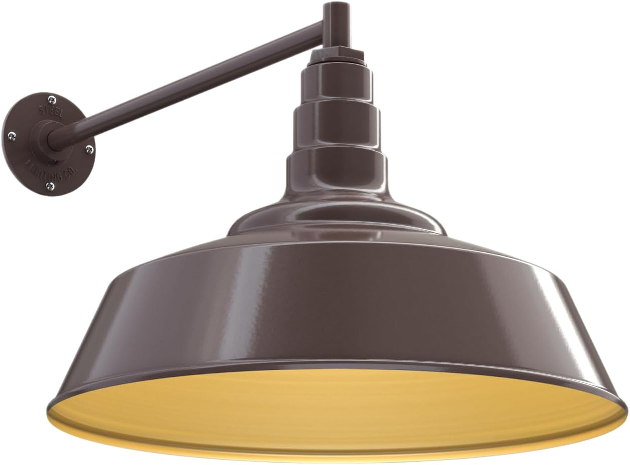 Steel Lighting Co. Large Outdoor Barn Light |Garage Light Fixture | Made in America from 18-Gauge Steel | 20" Dome | 20" Straight Arm Dark Bronze Exterior/Brass Interior