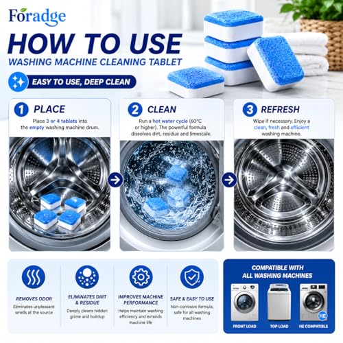 Image of 30 Pcs Washing Machine Cleaner Tablets - Deep Cleaning & Descaling for Front & Top Load Machines, Drum & Tub Stain Remover