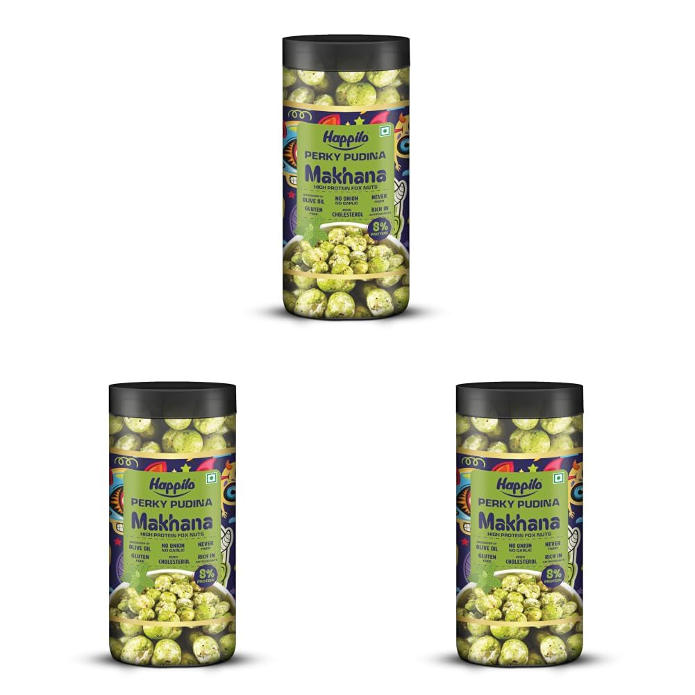 Happilo Premium Makhana Perky Pudina Jar 80g | Roasted Foxnuts, Phool Makhana | Healthy Snacks | Low Calorie, Vegan & Crunchy (Pack of 3)-image-35
