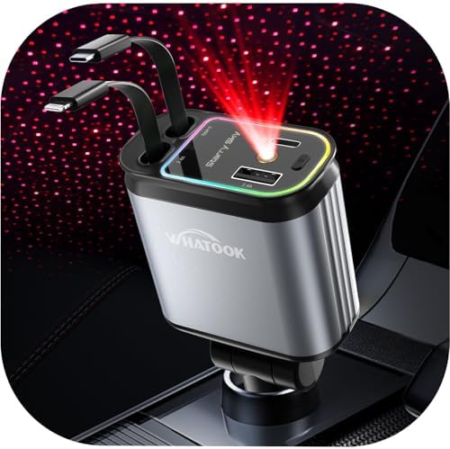 WHATOOK Cargador de Coche Retráctil 4 en 1: 66W USB-C/USB-A Carga...