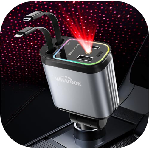 WHATOOK Retractable Car Charger Adapter: 4 in 1 Cigarette Lighter with Starry Sky LED,66W Fast USB C Mobile Phone Automobile Charger, Ford Fiesta Car Accessories Gadgets Gifts for Men Women Christmas