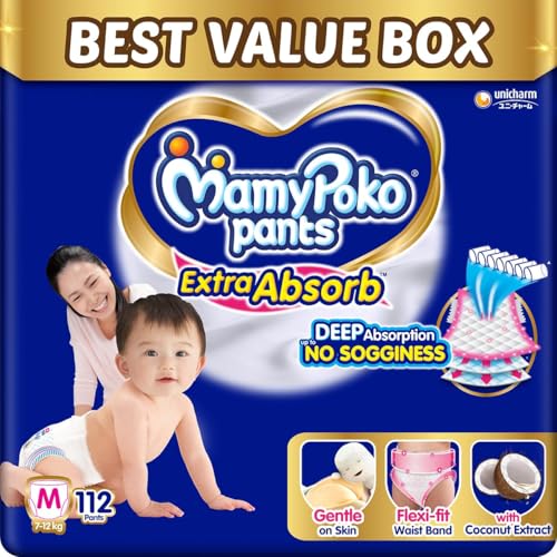 Image of MamyPoko Pants Extra Absorb Baby Diapers, Medium (M size) | 7-12 kg | 112 Count |Deep Sleep Diapers| Soft gentle fit |Deep Absorbent Crisscross | skin friendly with coconut oil | (56 count, Pack of 2)