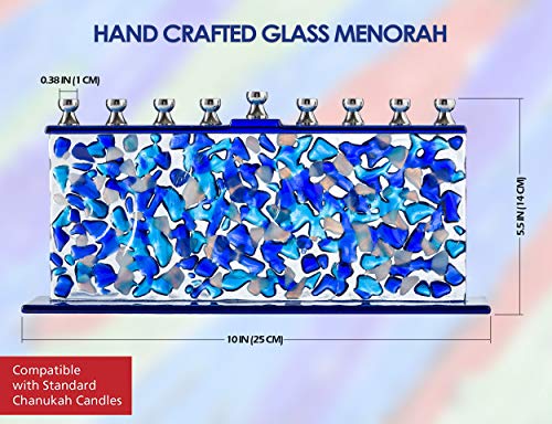 Ner Mitzvah Glass Hanukkah Menorah - Blue & White Confetti Glass Chanukah Menorah - Handcrafted Painted Glass Menorah - Fits All Standard Chanukah Candles