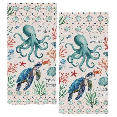 qiuhuang Sea Turtle Hand Towels Set of 2 Breathable Ocean Beach Hand Towels Decorative Coastal Marine Life Nautical Bathroom Towels for Gym Hotel Spring Summer Kitchen Towels 28.7x13.7 Inch