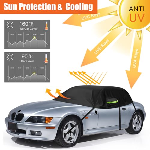 Image of Black Half Car Cover for 1996-2002 BMW Z3 Roadster | Custom Fit for Z3 Soft Top, Weatherproof Sun Protection, Reflective Strips
