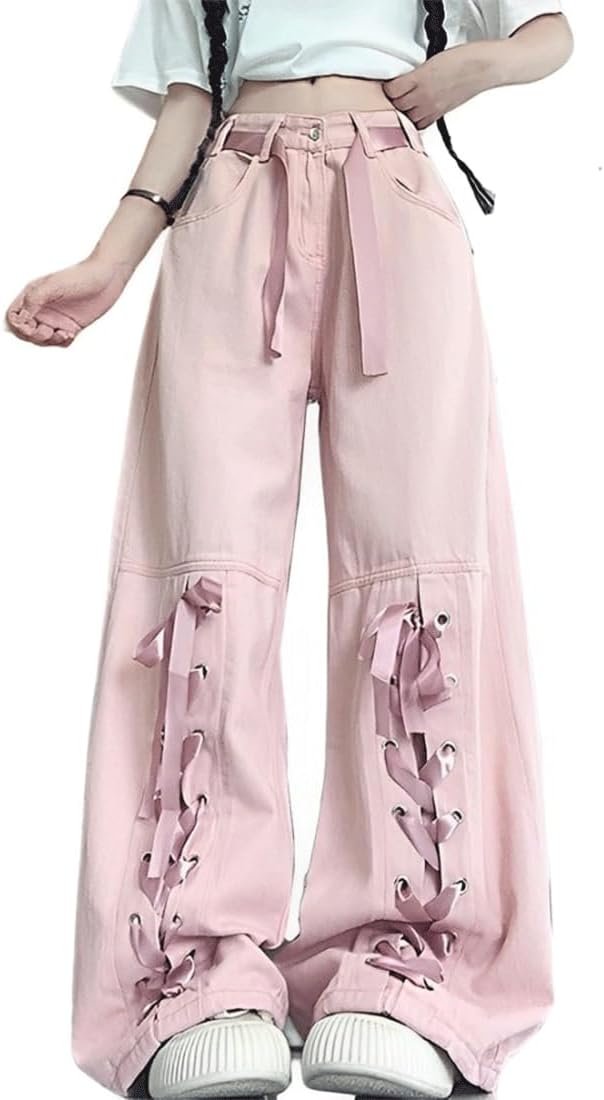 Harajuku Y2K Kawaii Gothic Vintage Casual Style High Waisted Straight Wide Leg Ribbons Trim Pink Denim Pants