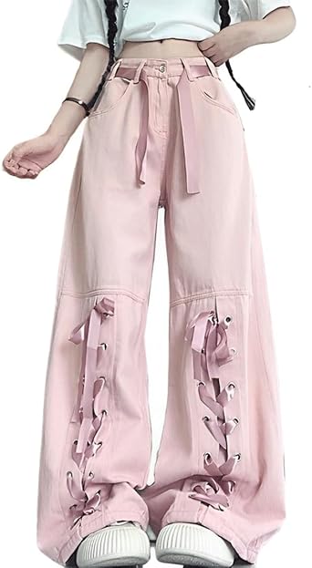 Kawaii Harajuku Y2K Gothic Wide Leg Ribbons Trim Pink Denim Pants | Grunge Fashion Bottom, Vintage Casual Style, Cutecore, Streetwear, Athleisure, High Rise, Straight Loose Fit, For Daily Wear