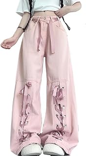 RILGOU Harajuku Y2K Kawaii Gothic Vintage Casual Style High Waisted Straight Wide Leg Ribbons Trim Pink Denim Pants Price In India
