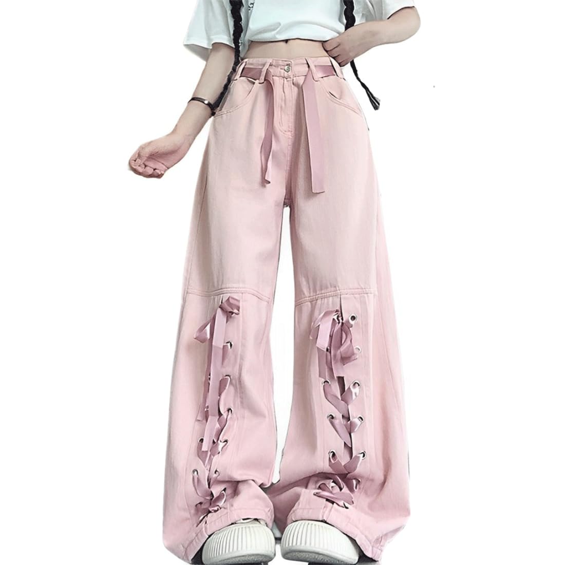 Harajuku Y2K Kawaii Gothic Vintage Casual Style High Waisted Straight Wide Leg Ribbons Trim Pink Denim Pants: Pink Medium