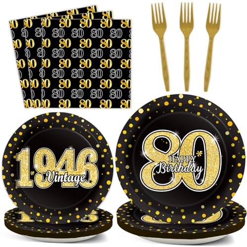 Image of 96PCS 80th Theme Birthday Party Tableware Vintage 1946 Party Supplies 80 Year Old Birthday Decorations Plates Napkins Forks Black and Gold Dinnerware Favors for Men or Women