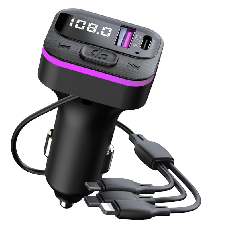 TKMARS Transmisor FM Bluetooth Coche,Manos Libres Adaptador Bluetooth Radio Coche,Manos Libres Inalámbrico Reproductor MP3 Coche,Cargador de Coche 3 en 1 de 66W,Adaptador de Carga rápida mechero Coche
