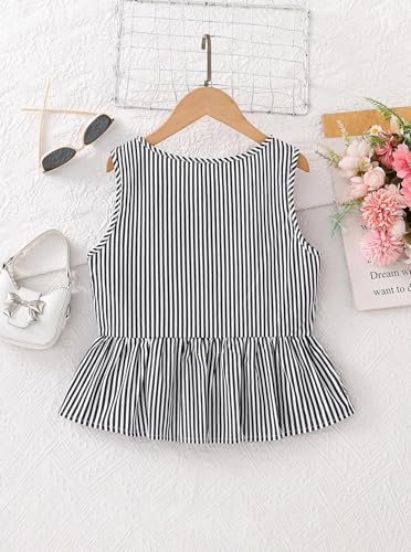 Image of Girls Bowknot Tank Tops Sleeveless Striped Shirts Cotton Peplum Babydoll Top