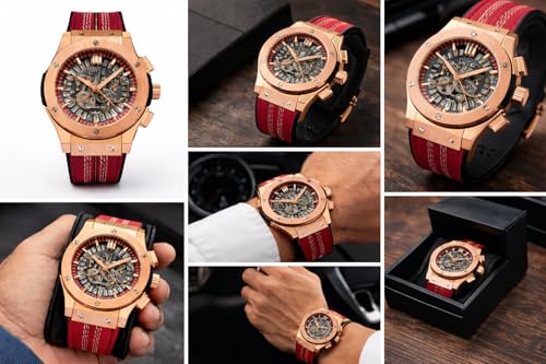 Image of Luxury Skeleton Dial Men's Watch with Rose Gold Case & Red Premium Strap
