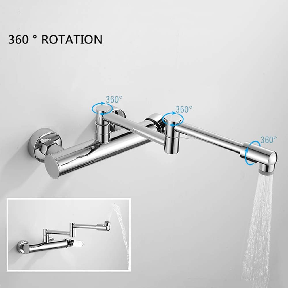 Folding Kitchen Faucet with Hot and Cold Water Brass 360° Swivel Pot Filler Faucet 2 Hole Single Handle Wall Mounted Kitchen Sink Mixer Tap,Chrome(Black)