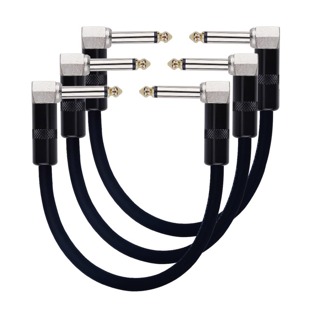 Rayzm Guitar Patch Cable - 15cm Noiseless Effects Pedalboard Patch Cable Cord, Right Angle Male TS Mono Instrument Cable for Bass Effect Pedals (Pack of 3)