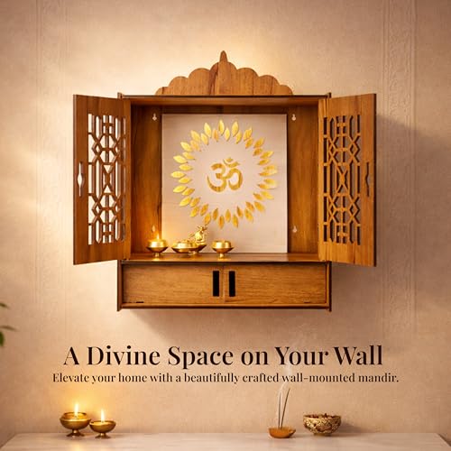 Image of Rousrie Backlit LED Temple Mandir for Home with Door, Wooden MDF, Storage Space, Wall Mounts, Big Size, 53.3x41.9x25.4 cm
