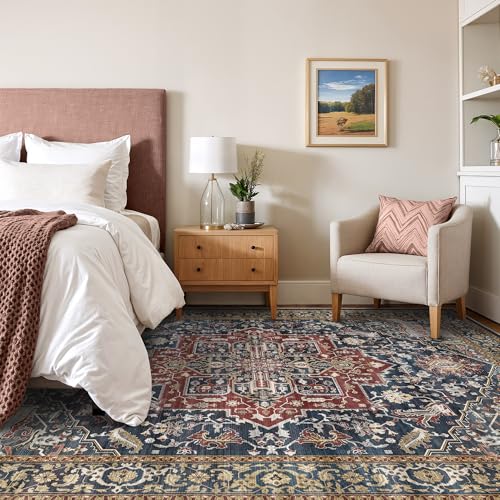 Rugland 5x7 Area Rugs - Stain Resistant Washable Rug, Anti Slip Rugs for Living Room, Vintage Tribal Area Rugs(Medallion 01-Rust/Blue, 5'x7')