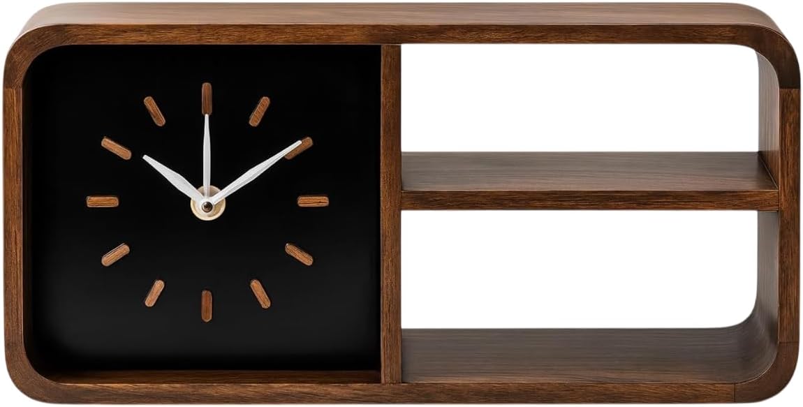 Handcrafted Wooden Wall Clock with Open Storage Shelf | Silent Quartz Decorative Clock for Home & Office -Brown