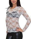 ZANZEA Women's Lace Mesh Crew Neck Transparent Long Sleeve Tops Shirt Blouse (US 14, White)