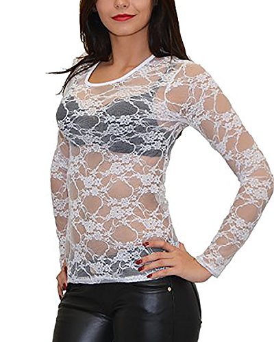 ZANZEA Women's Lace Mesh Crew Neck Transparent Long Sleeve Tops Shirt Blouse (US 14, White)