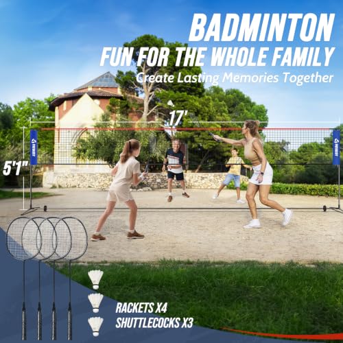 Image of Volleyball Badminton Pickleball 3-in-1 Combo Net Set, 5.1-7.4ft Adjustable Height Sports Nets for Backyards, Portable 17ft Outdoor Net with Carry Bag, Rackets and Balls