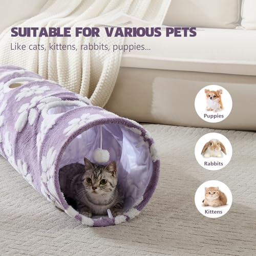 Image of Straight Cat Tunnel for Indoor Cats 47 inchx12 inch, Cute Cat Toys Collapsible Tunnel Tube with Balls for Puppy Kitten Rabbit, Purple Flower