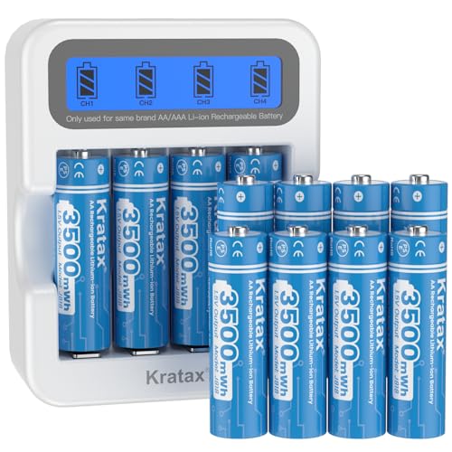 Kratax Lithium AA Akku 12 Stücke Wiederaufladbare 1 5V Lithium Batterien AA mit 2-Stunden-Schnelllade-LCD-Display-Ladegerät 3A Entladestrom mit 3500mWh Hoher Kapazität Langer 1600 Zyklus