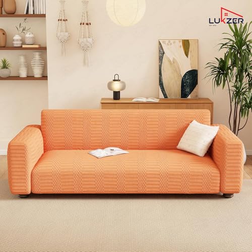 Image of Lukzer 2 Seater Pastel Orange Dotted Stripe Pattern Sofa Cover | 240 GSM Universal Stretch Fit Jacquard Fabric Couch Protector | Fully Covered Anti Slip & Washable Sofa Cover (SC-069-02 /140-180cm)