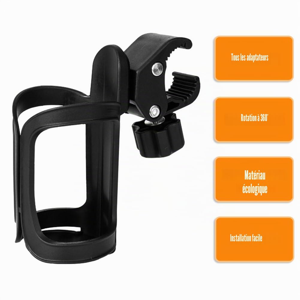 Porte-bouteille de vélo - 360 degrés de rotation - Noir - Compatible avec vélos, VTT, landaus et fauteuils roulants